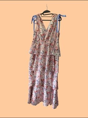 Floral Tiered V-Neck Maxi Dress with Tie Shoulders - Pink Floral
